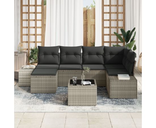 vidaXL Zestaw sof ogrodowych 7-elementowy z poduszkami jasnoszary polirattan Dārza mēbeļu komplekti