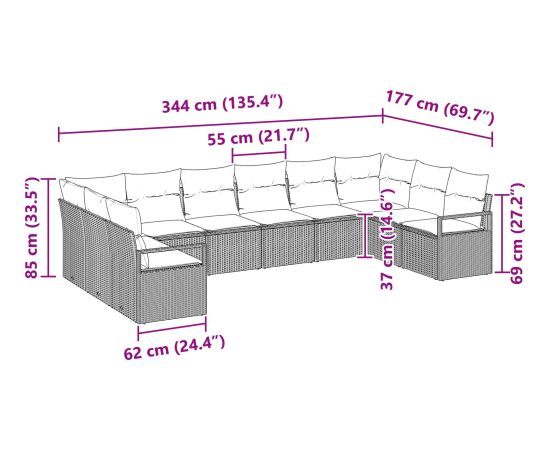 Zestaw sofy ogrodowej vidaXL 10-częściowy z poduszkami Brązowy Polirattan Dārza mēbeļu komplekti