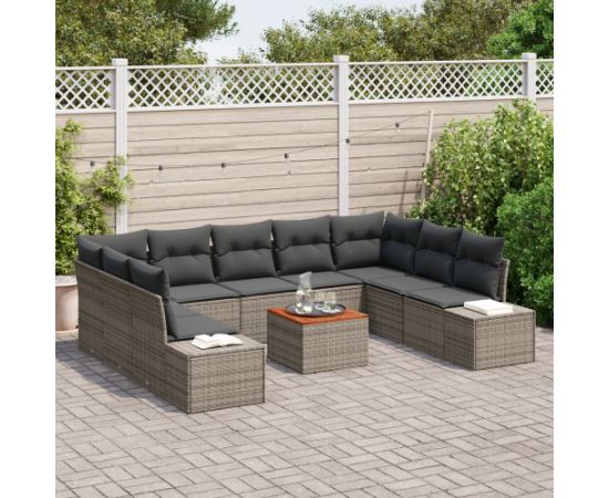 vidaXL 10-Częściowy Zestaw Sofowy z Poduszkami Szary Polirattan Akacja Dārza mēbeļu komplekti
