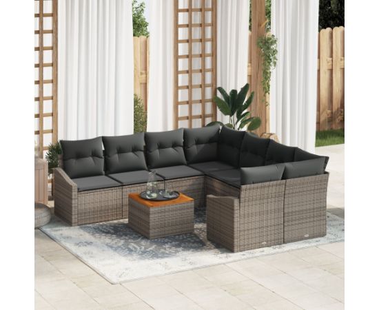 vidaXL 9 Elementowy Zestaw Sofowy Ogrodowy z Poduszkami Szary Polirattan Akacja Dārza mēbeļu komplekti