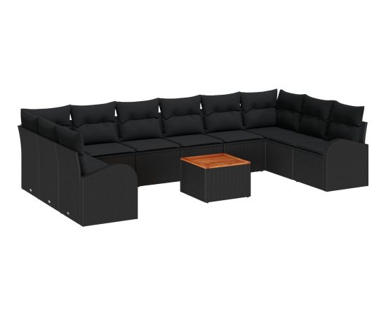 vidaXL Zestaw sof ogrodowych 11 elementów z poduszkami Czarny Polirattan Akacja Dārza mēbeļu komplekti