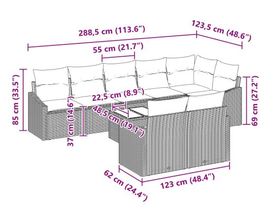 vidaXL Zestaw mebli ogrodowych 8 części z poduszkami szary polirattan Dārza mēbeļu komplekti