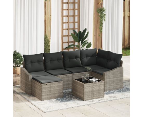 vidaXL Zestaw do jadalni w ogrodzie 7 elementów z poduszkami Szary Polirattan Dārza mēbeļu komplekti