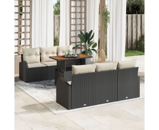 vidaXL 7-częściowy zestaw jadalny do ogrodu z poduszkami Czarny Polirattan Akacja Dārza mēbeļu komplekti