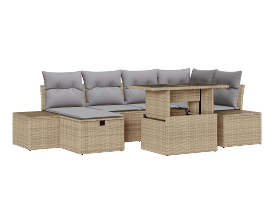 vidaXL Zestaw wypoczynkowy ogrodowy 7 elementów z poduszkami Beżowy Poli Rattan Dārza mēbeļu komplekti