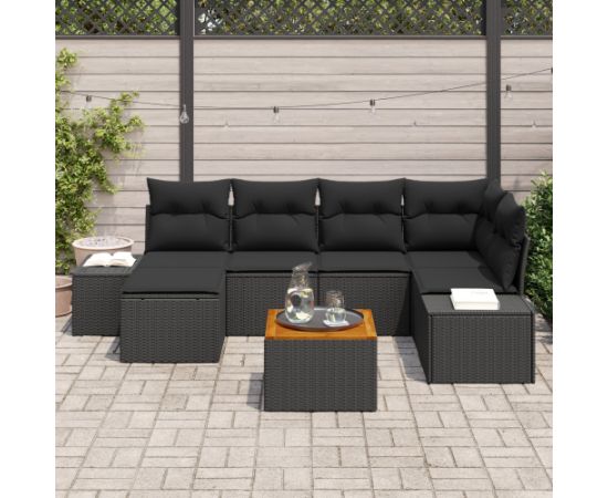 vidaXL 7-osobowy Zestaw Sof Ogrodowych z Poduszkami Czarny Polirattan Akacja Dārza mēbeļu komplekti