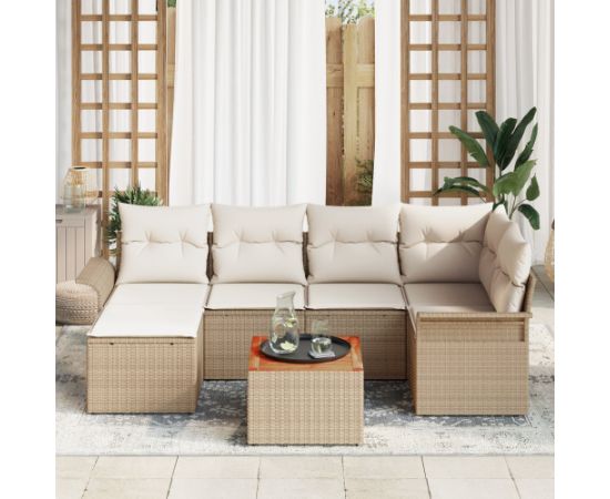 vidaXL 7-częściowy zestaw sof ogrodowych z poduszkami Beżowy Polirattan Akacja Dārza mēbeļu komplekti