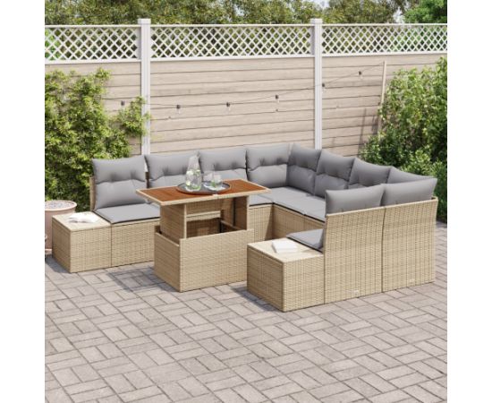 vidaXL 9-częściowy zestaw sof ogrodowych z poduszkami, beżowy, poli rattan Dārza mēbeļu komplekti