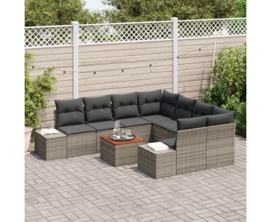vidaXL Zestaw sof ogrodowych 9-elementowy z poduszkami Szary Polirattan Akacja Dārza mēbeļu komplekti