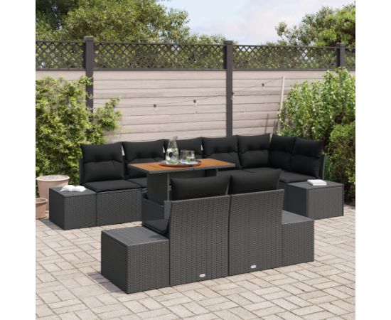 vidaXL Zestaw do jedzenia w ogrodzie 9 elementów z poduszkami Czarny Polirattan Akacja Dārza mēbeļu komplekti
