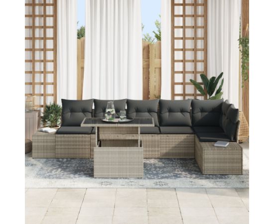 vidaXL 7-częściowy zestaw sof ogrodowych z poduszkami w jasnoszarym polirattanie Dārza mēbeļu komplekti