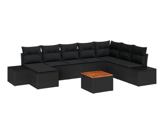 vidaXL Zestaw 9 Sofa Ogrodowa z Poduszkami Czarny Polirattan Akacja Dārza mēbeļu komplekti