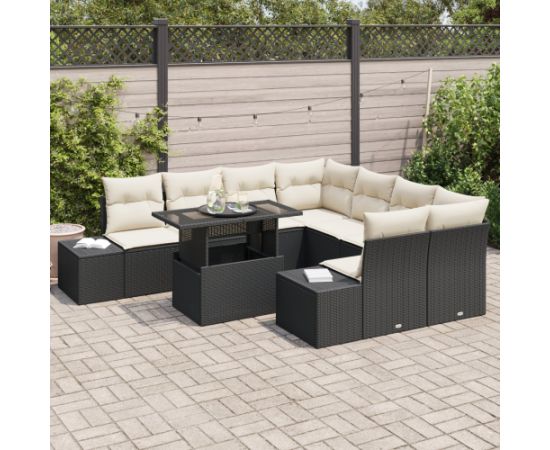 vidaXL Zestaw ogrodowy 9-częściowy z poduszkami czarny polirattan Dārza mēbeļu komplekti