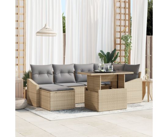 vidaXL Zestaw mebli ogrodowych 7-częściowy z poduszkami Beżowy Rattan Dārza mēbeļu komplekti