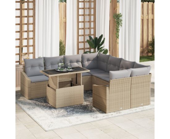 vidaXL Zestaw mebli ogrodowych 9 częściowy z poduszkami Beżowy Poly Rattan Dārza mēbeļu komplekti