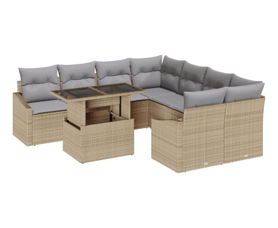 vidaXL Zestaw mebli ogrodowych 9 częściowy z poduszkami Beżowy Poly Rattan Dārza mēbeļu komplekti