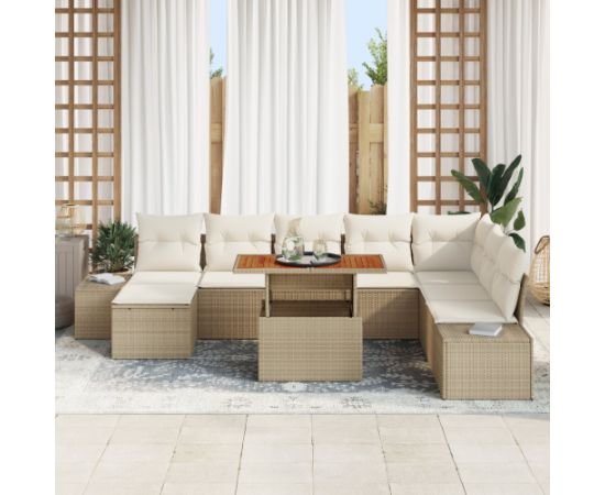 vidaXL 9-częściowy zestaw jadalny do ogrodu z poduszkami Beżowy Polirattan Akacja Dārza mēbeļu komplekti