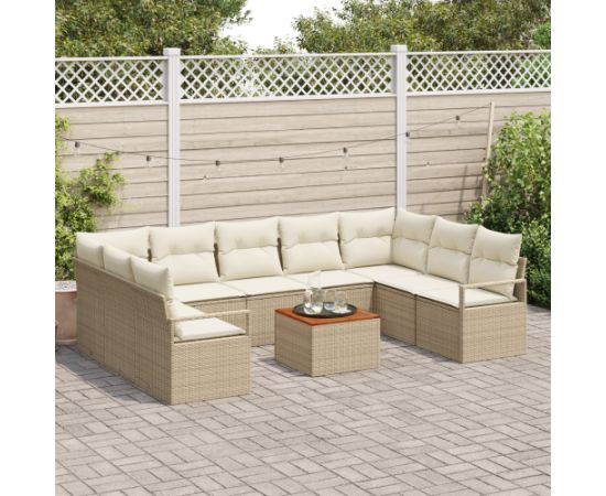 Vidaxl Zestaw sof ogrodowych 10-elementowy z poduszkami, beżowy polirattan, akacja Dārza mēbeļu komplekti