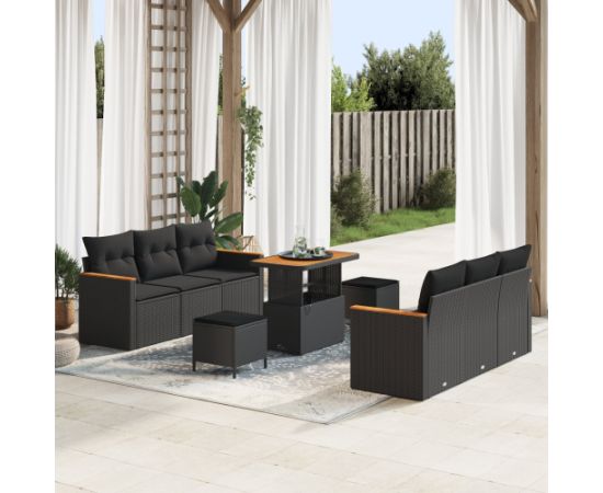 Vidaxl Zestaw Sofy Ogrodowej 9 Elementów z Poduszkami Czarny Polirattan Akacja Dārza mēbeļu komplekti