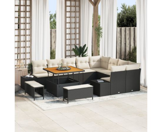Vidaxl 12-Częściowy Zestaw Sof Ogrodowych z Poduszkami Czarny Polirattan Akacja Dārza mēbeļu komplekti