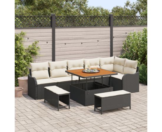 Vidaxl Zestaw 9-elementowy sof ogrodowych z poduszkami Czarny polirattan Akacja Dārza mēbeļu komplekti