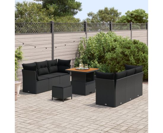Vidaxl Zestaw ogrodowy 9-elementowy z poduszkami Czarny Polirattan Akacja Dārza mēbeļu komplekti