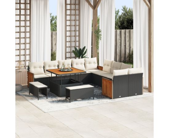 Vidaxl Zestaw 13 częściowy sof ogrodowych z poduszkami Czarny Polirattan Akacja Dārza mēbeļu komplekti