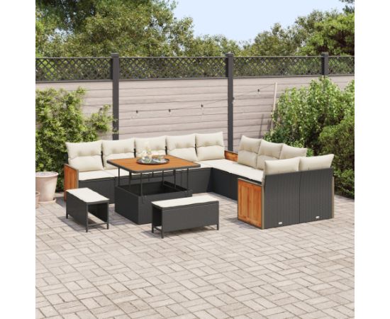 Vidaxl Zestaw 13 częściowy sof ogrodowych z poduszkami Czarny Polirattan Akacja Dārza mēbeļu komplekti
