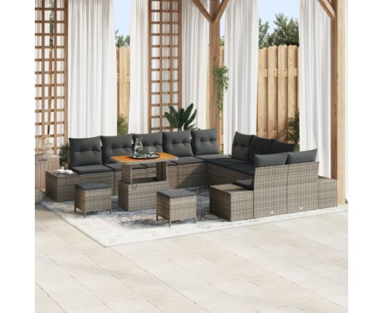Vidaxl Zestaw 13-elementowy sof ogrodowych z poduszkami Szary Polirattan Akacja Dārza mēbeļu komplekti