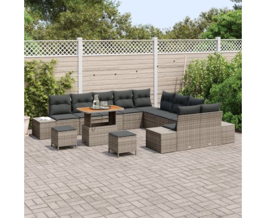 Vidaxl Zestaw 13-elementowy sof ogrodowych z poduszkami Szary Polirattan Akacja Dārza mēbeļu komplekti
