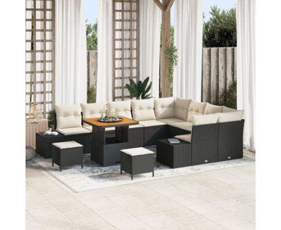 12-częściowy zestaw sof ogrodowych vidaXL z poduszkami Czarny Poli Rattan Akacja Dārza mēbeļu komplekti