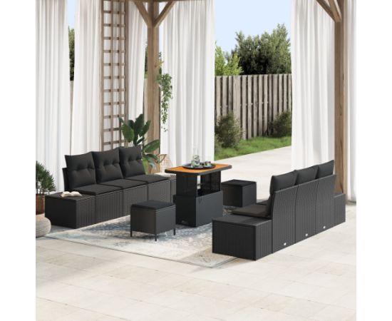 Zestaw 9-elementowy sof ogrodowych vidaXL z poduszkami Czarny Polirattan Akacja Dārza mēbeļu komplekti