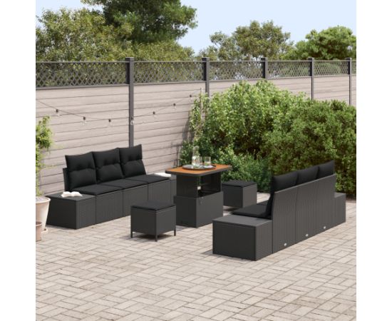 Zestaw 9-elementowy sof ogrodowych vidaXL z poduszkami Czarny Polirattan Akacja Dārza mēbeļu komplekti