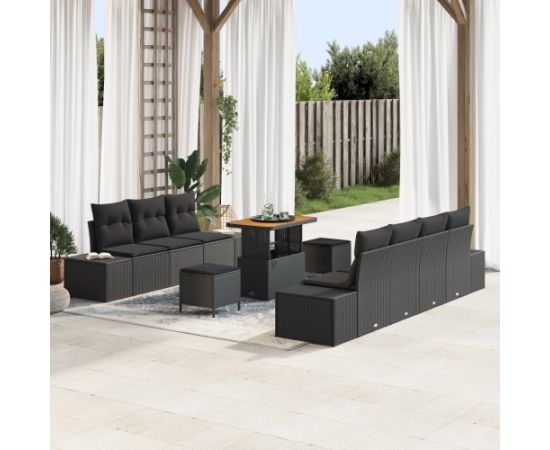 Vidaxl Zestaw sof ogrodowych 10-częściowy z poduszkami Czarny Polirattan Akacja Dārza mēbeļu komplekti