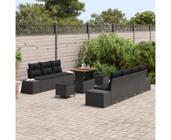 Vidaxl Zestaw sof ogrodowych 10-częściowy z poduszkami Czarny Polirattan Akacja Dārza mēbeļu komplekti