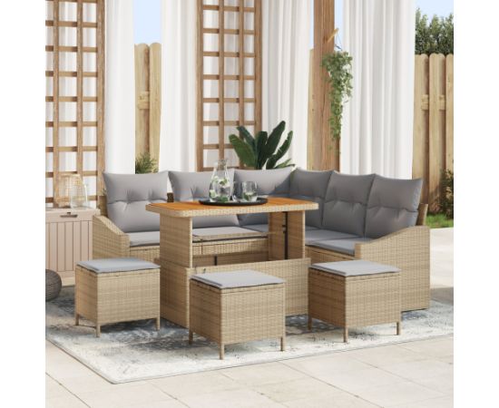 Zestaw 9-częściowy sof ogrodowych vidaXL z poduszkami Beżowy Polirattan Akacja Dārza mēbeļu komplekti