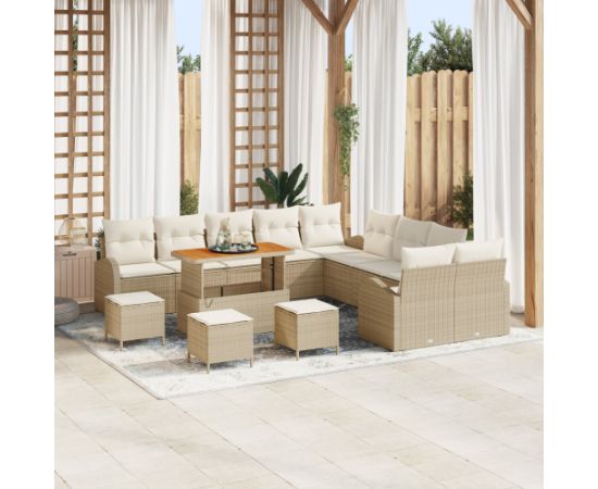 Zestaw Sof Ogrodowych vidaXL 14 Elementowy z Poduszkami Beżowy Poli Rattan Akacja Dārza mēbeļu komplekti