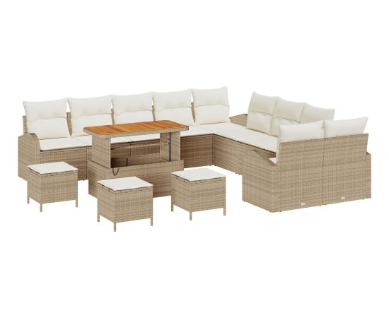 Zestaw Sof Ogrodowych vidaXL 14 Elementowy z Poduszkami Beżowy Poli Rattan Akacja Dārza mēbeļu komplekti