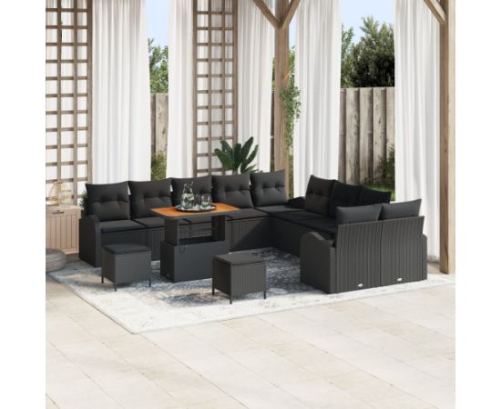 Zestaw sofy ogrodowej vidaXL 13-elementowy z poduszkami Czarny polirattan akacja Dārza mēbeļu komplekti