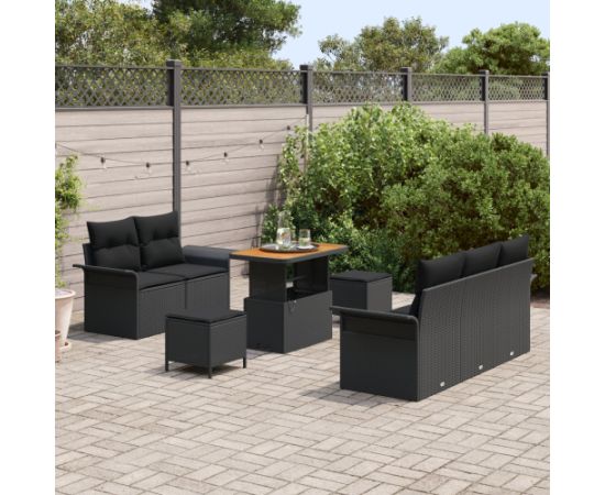 8-elementowy zestaw sof ogrodowych vidaXL z poduszkami Czarny Polirattan Akacja Dārza mēbeļu komplekti