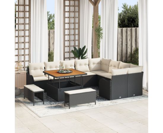 12-częściowy zestaw sof ogrodowych vidaXL z poduszkami czarny polirattan acacia Dārza mēbeļu komplekti
