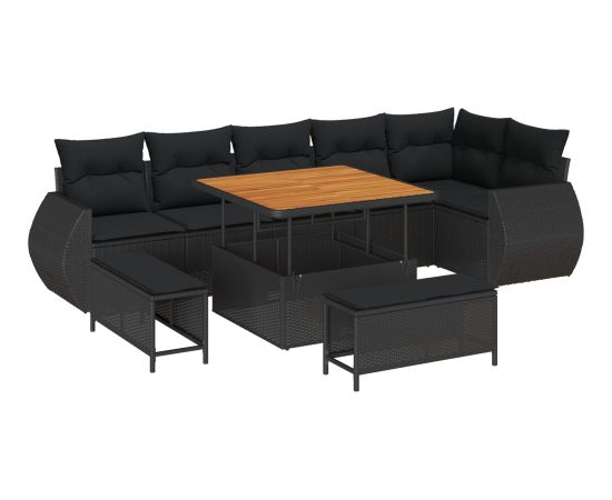 Zestaw sof ogrodowych vidaXL 9-elementowy z poduszkami, czarny Polirattan Akacja Dārza mēbeļu komplekti