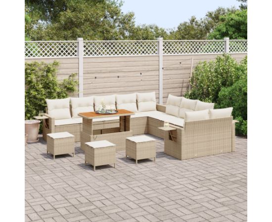 Zestaw Sofy Ogrodowej vidaXL w 14 elementach z poduszkami Beżowy Polirattan Akacja Dārza mēbeļu komplekti