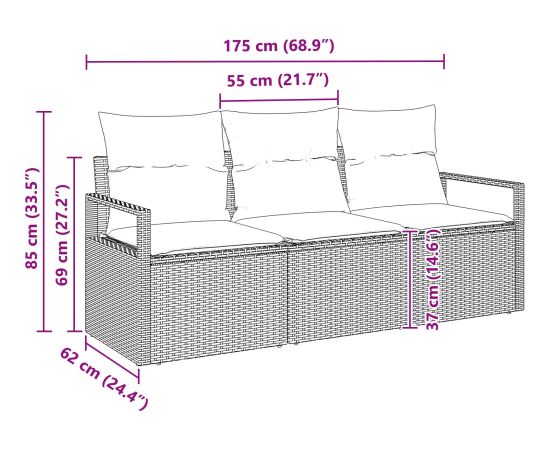 3-częściowy zestaw sof ogrodowych vidaXL z poduszkami czarny polirattan Dārza mēbeļu komplekti