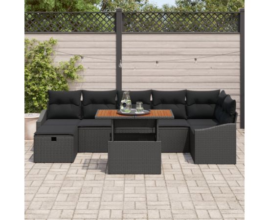 vidaXL 8-częściowy zestaw sofy ogrodowej z poduszkami w czarnym polirattanie Dārza mēbeļu komplekti