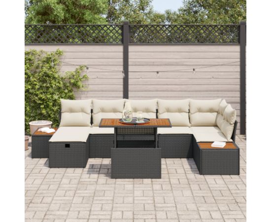 vidaXL Zestaw Sofy Ogrodowej 8 Elementów z Poduszkami - Czarny Polirattan & Akacja Dārza mēbeļu komplekti