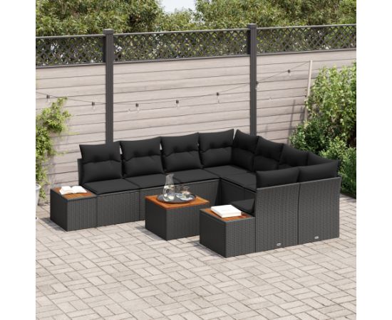 vidaXL 9-częściowy zestaw sof ogrodowych z poduszkami Czarny Polirattan Akacja Dārza mēbeļu komplekti