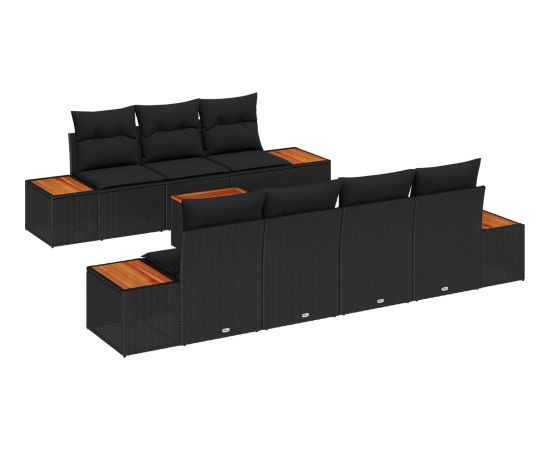 vidaXL Zestaw 8-osobowy sof ogrodowych z poduszkami Black Polirattan Acacia Dārza mēbeļu komplekti
