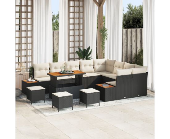 vidaXL 13-elementowy zestaw sof ogrodowych z poduszkami czarny polirattan akacja Dārza mēbeļu komplekti