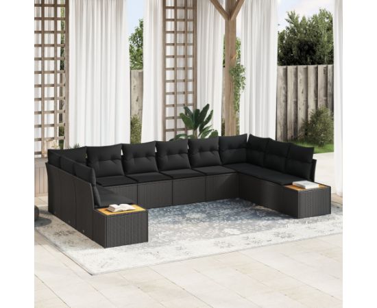 vidaXL 10-częściowy zestaw sof ogrodowych z poduszkami Czarny Polirattan Akacja Dārza mēbeļu komplekti